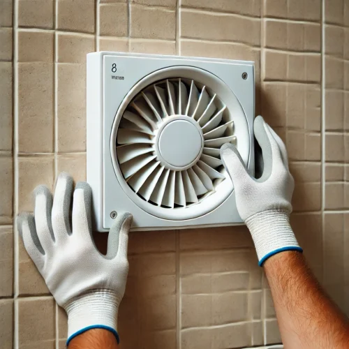 DALL·E 2024-12-04 18.41.57 - A detailed close-up of a person wearing gloves installing a white wall-mounted ventilation fan in a tiled bathroom. The hands are seen adjusting the f